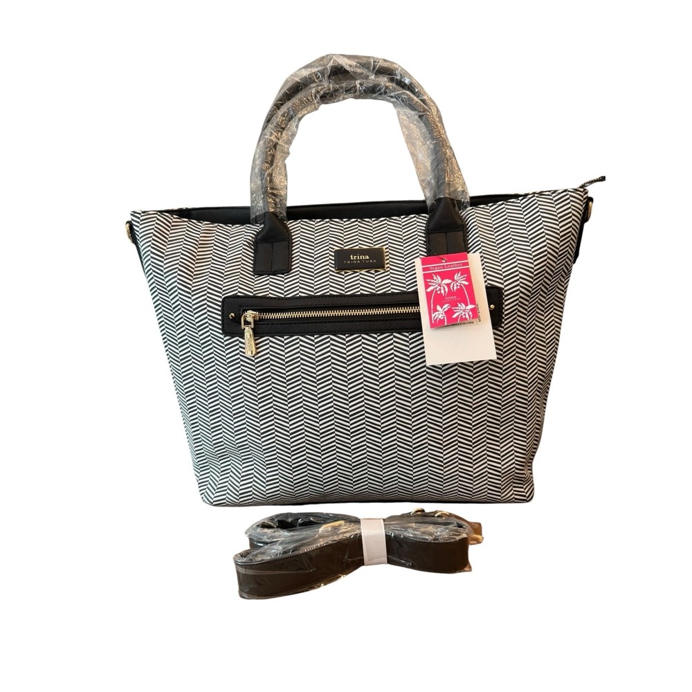 Trina Turk Large Shoulder Tote Bag with black and white herringbone pattern.